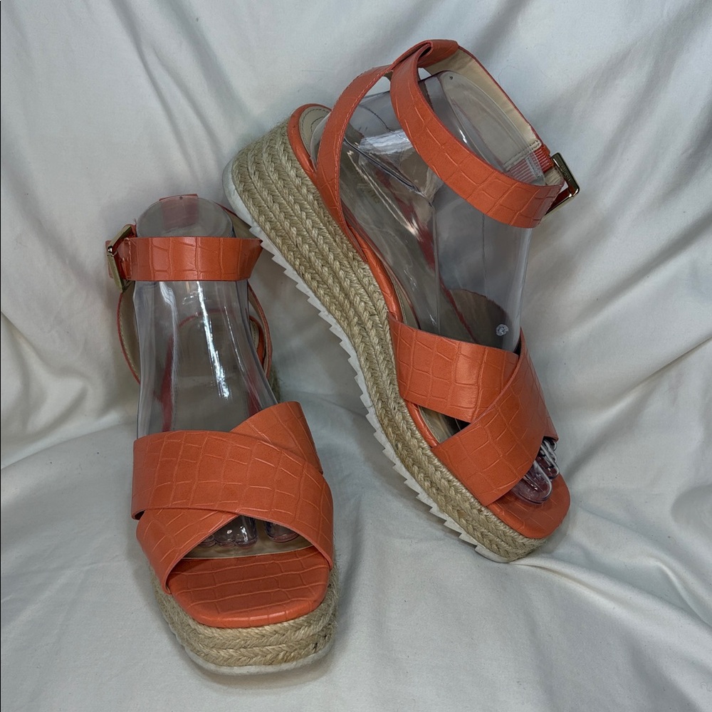 Liz Claiborne Eastside Square Toe Wedge Espadrille Orange Sandals Size 8